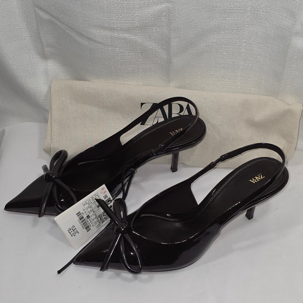 Zara Bow Slingback Pumps Pointed Toe Kitten Heel Burgundy Patent 2233/610/700 38